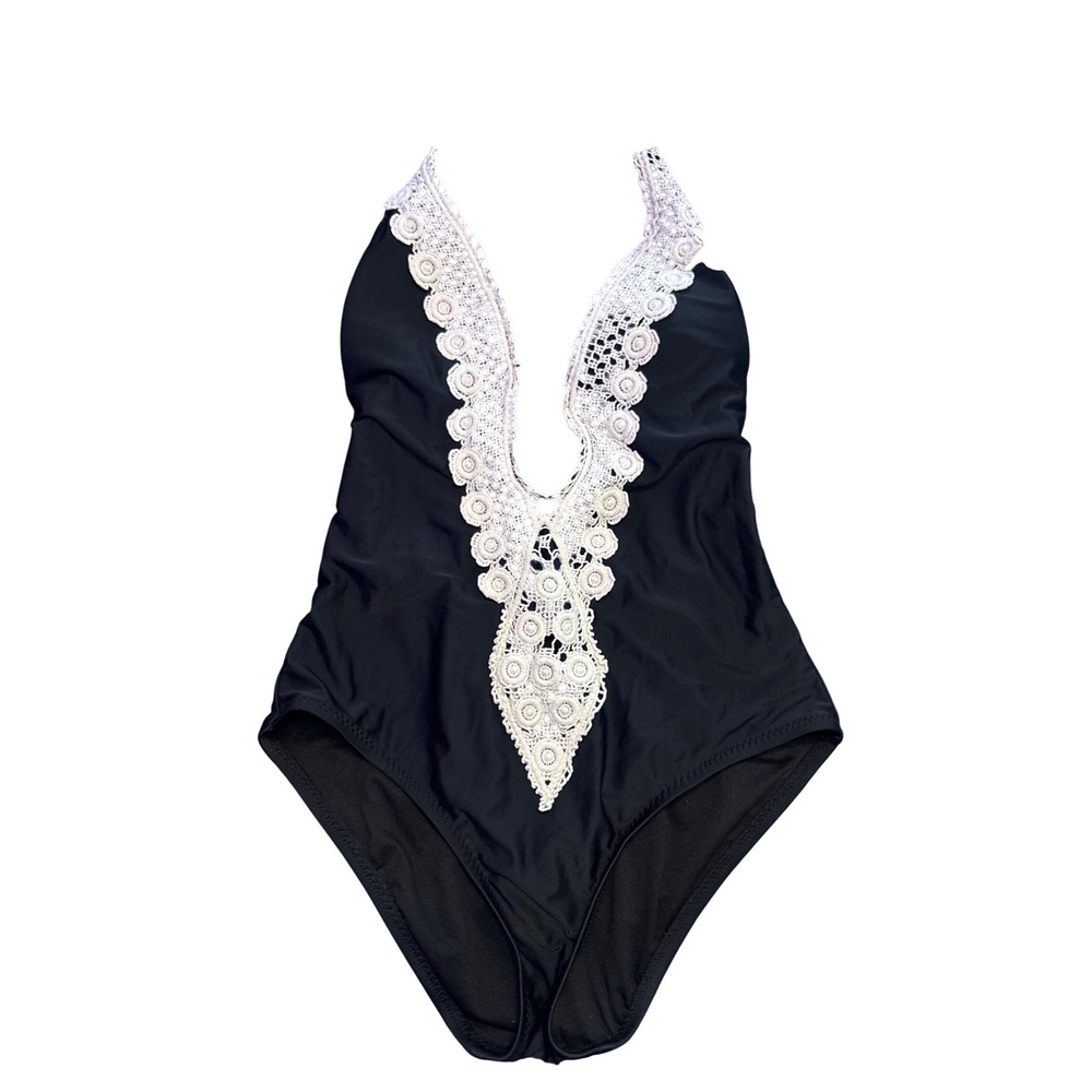 Mossimo Black Crochet Plunge Halter One Piece Swimsuit Lace Up Medium